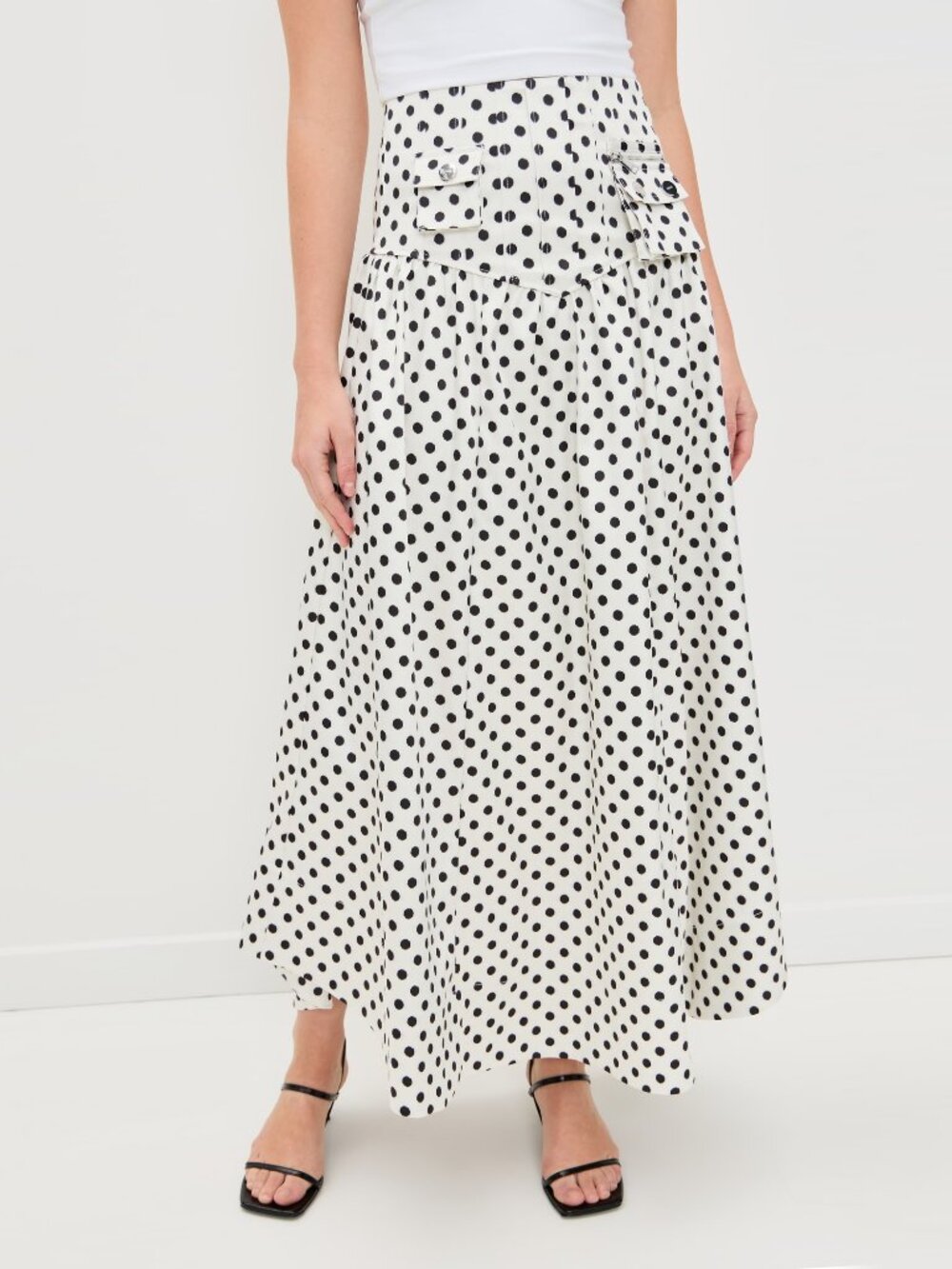 Ganni Polka Dot Satin Skirt in White/Black, size 38 (fits size small)